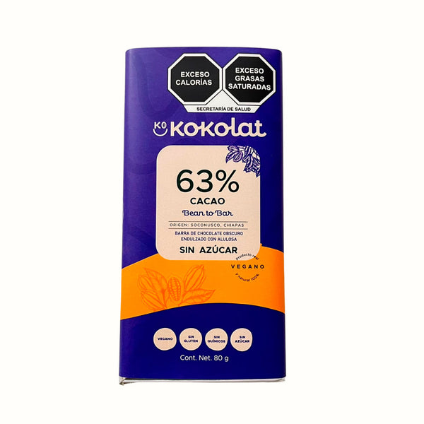 Barra de Chocolate Vegano 63% Cacao Sin azúcar Kokolat 80 g